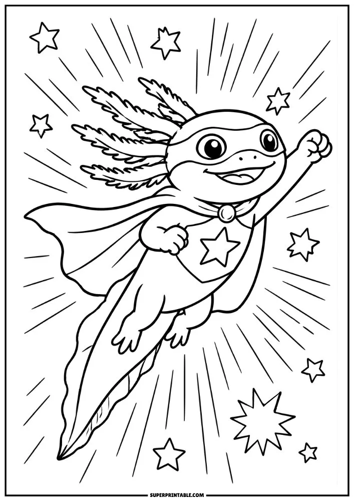 Superhero axolotl flying with cape, mask, stars, and action-filled background.