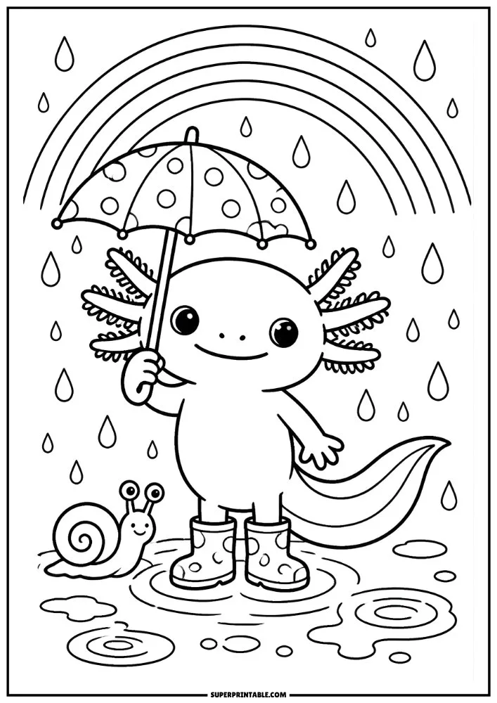 Axolotl with umbrella and rain boots standing in puddles under a rainbow.