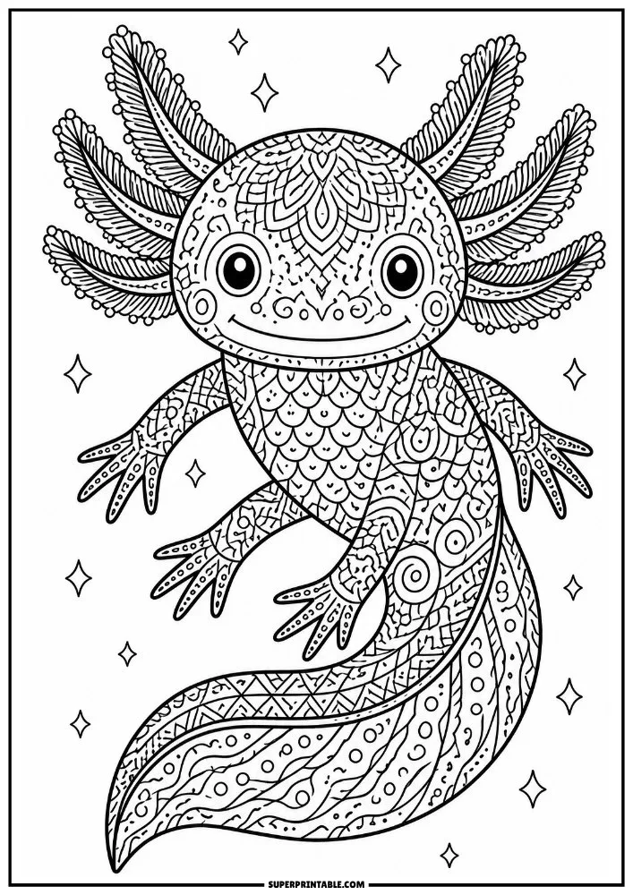 Detailed mandala-style axolotl with intricate patterns, scales, swirls, and decorative designs.