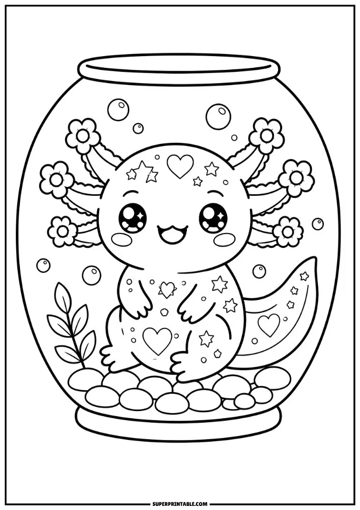 Kawaii axolotl in a fishbowl with hearts, stars, flowers, bubbles, and pebbles.
