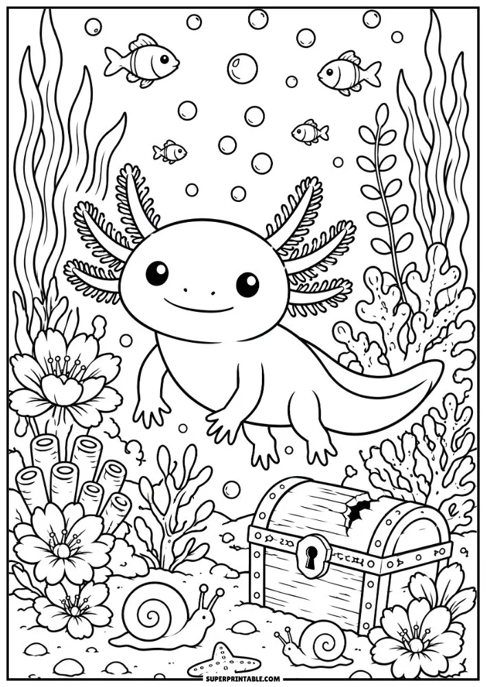 Axolotl underwater with coral reef, treasure chest, fish, flowers, and sea creatures.