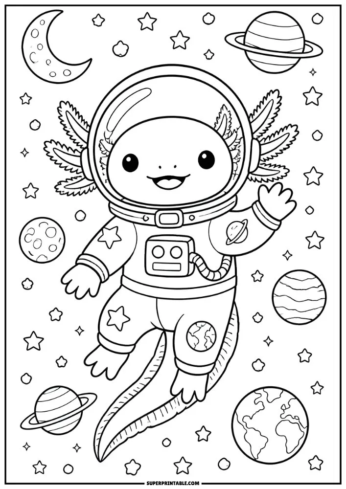 Axolotl astronaut floating in space with planets, stars, Earth, and moon.