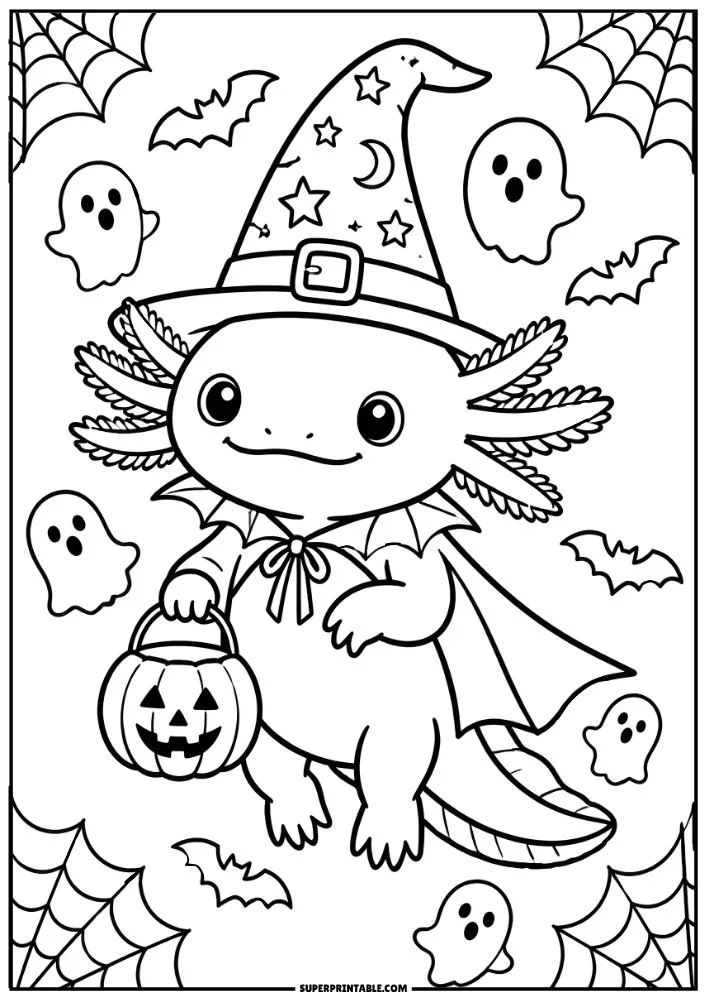 Halloween axolotl with witch hat, pumpkin bucket, ghosts, bats, and spiderwebs.