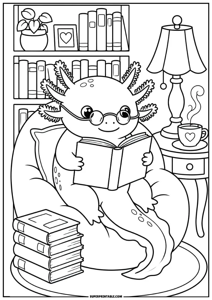 Axolotl reading a book in a cozy library with bookshelves, lamp, and tea.