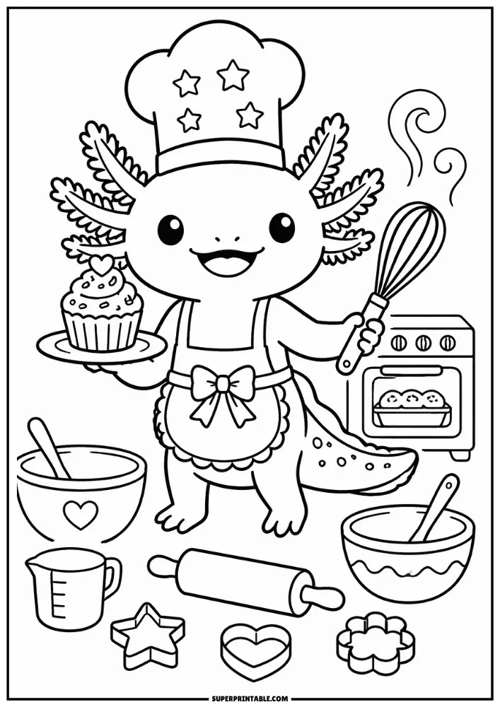 Cute axolotl baker with cupcake, whisk, oven, bowls, and baking supplies.