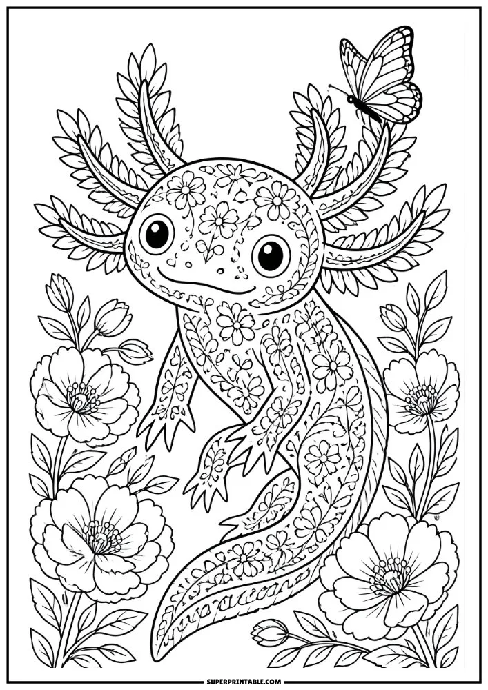 Decorative floral axolotl with flowers, butterfly, and detailed botanical patterns.