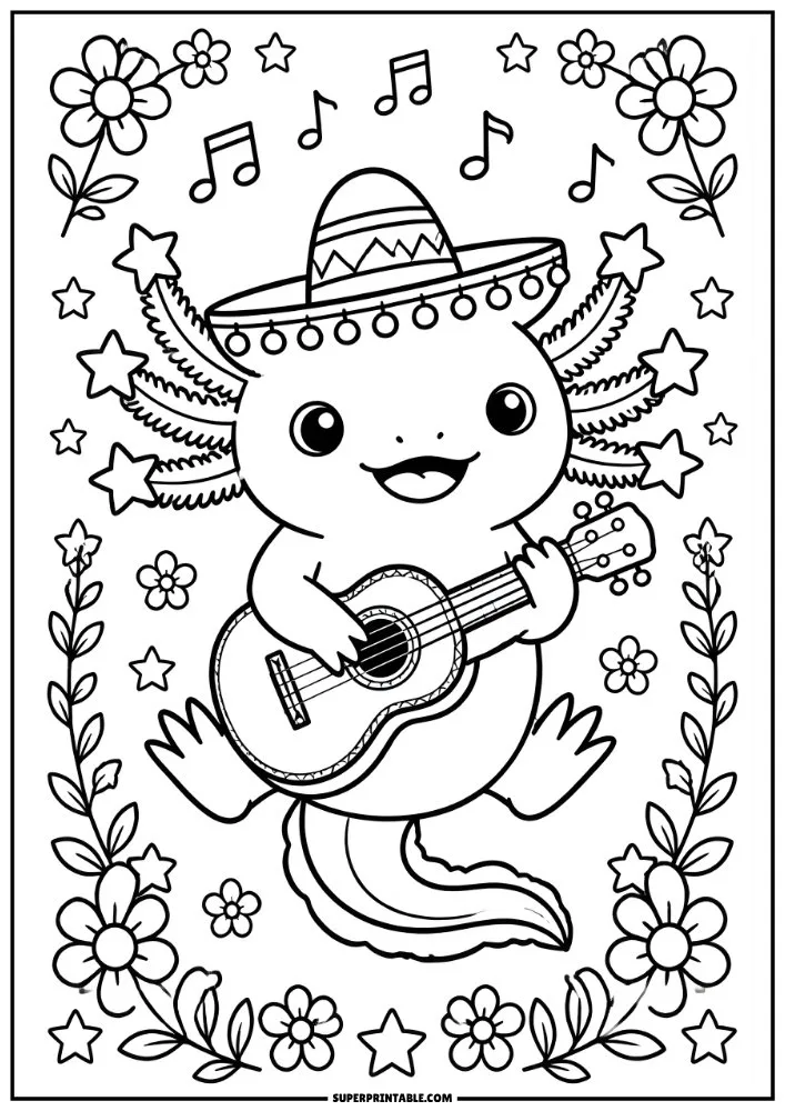 Axolotl playing guitar with sombrero, flowers, stars, and musical notes.