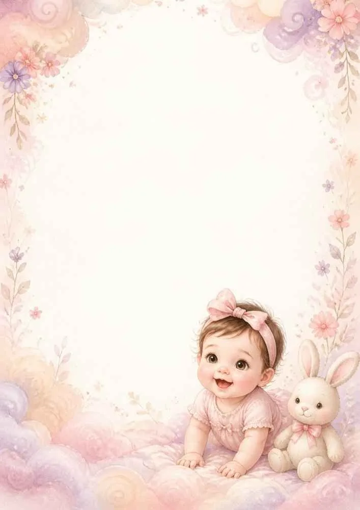 Baby girl with bow beside a bunny in a floral pastel border frame.