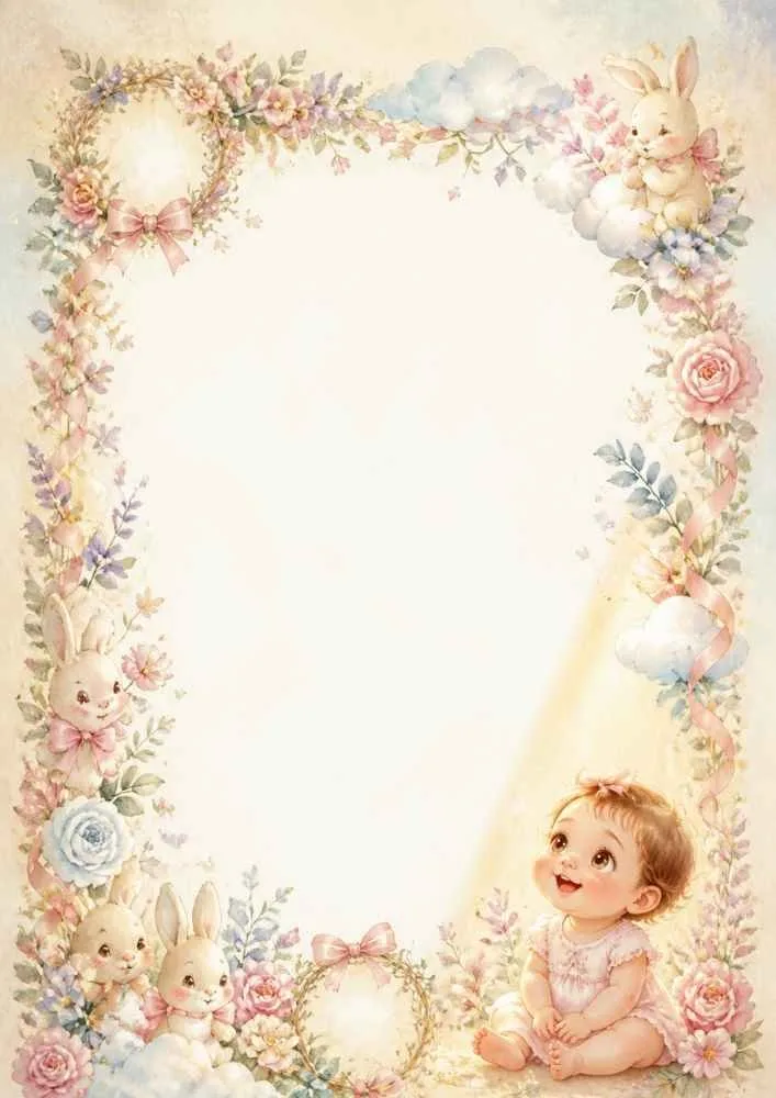 Baby girl in floral wreath with bunnies, flowers, and baby toys.