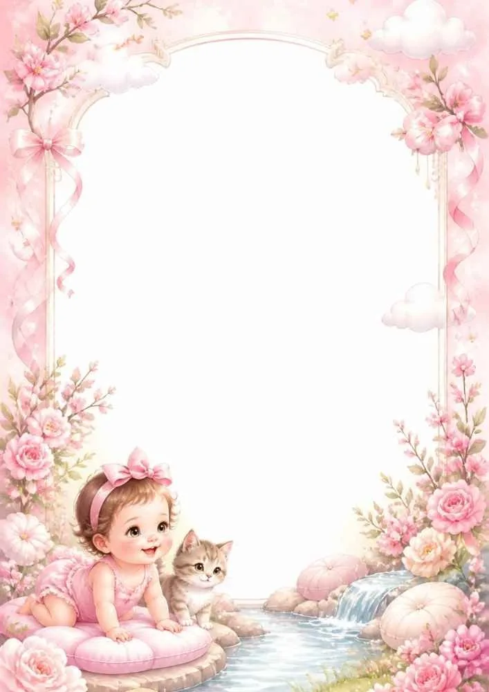 Baby girl and kitten near a stream with flowers and ribbon border.