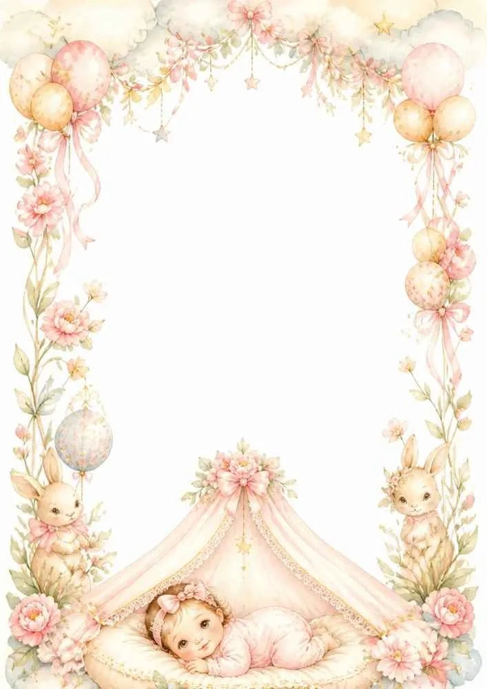 Sleeping baby in a tent with bunnies, flowers, and balloons.