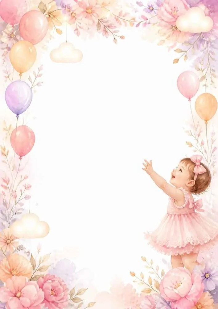 Baby girl reaching toward balloons inside a floral pastel border.