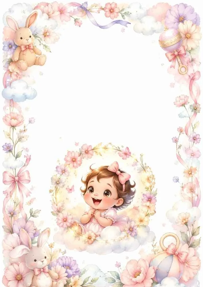 Baby girl on a cloud with balloons, flowers, and decorative border.