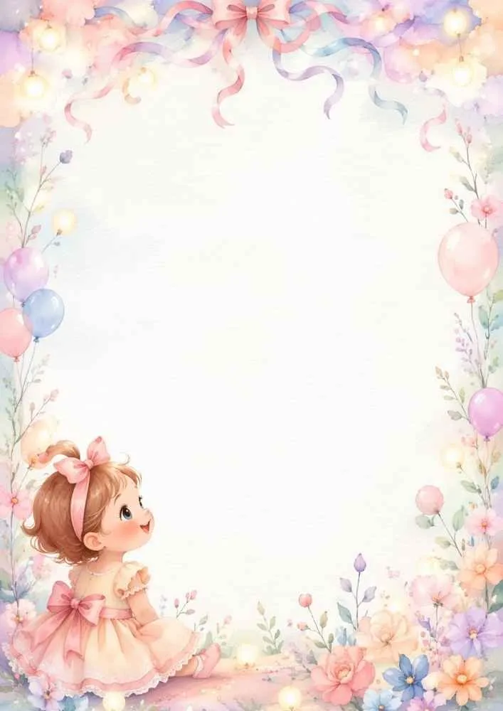 Baby girl sitting among flowers with ribbons and pastel decorations.