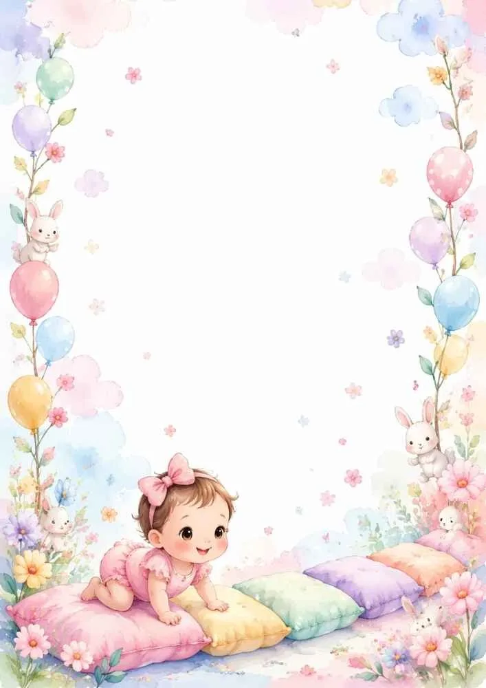 Crawling baby on pillows with bunnies, balloons, and flowers.