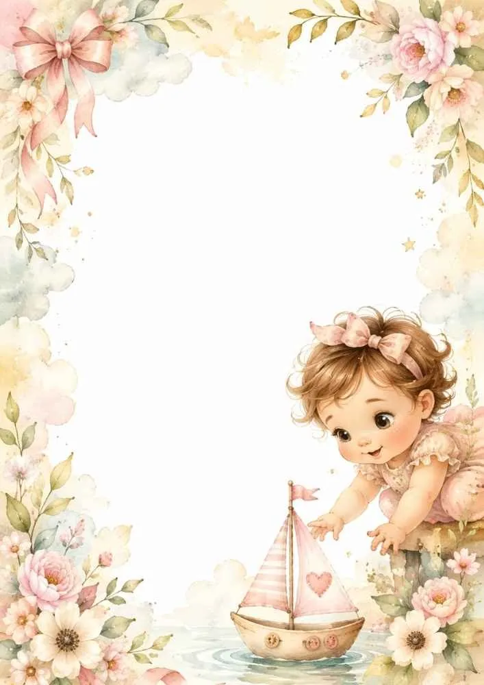 Baby girl reaching toward a toy sailboat inside a floral border.