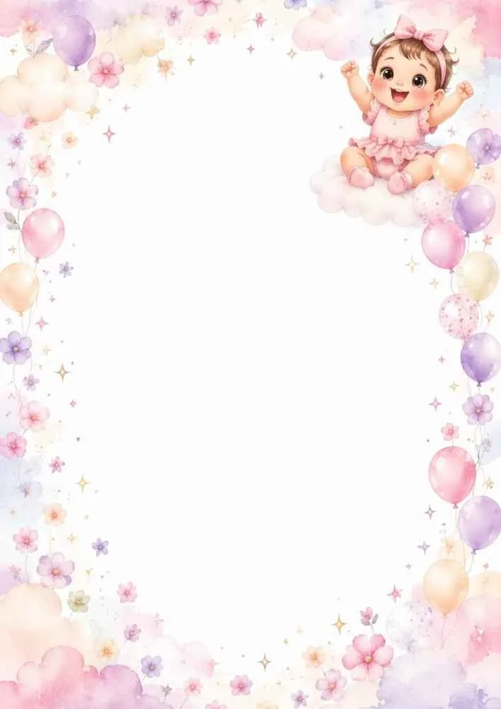 Happy baby on a cloud with balloons, flowers, and pastel border.