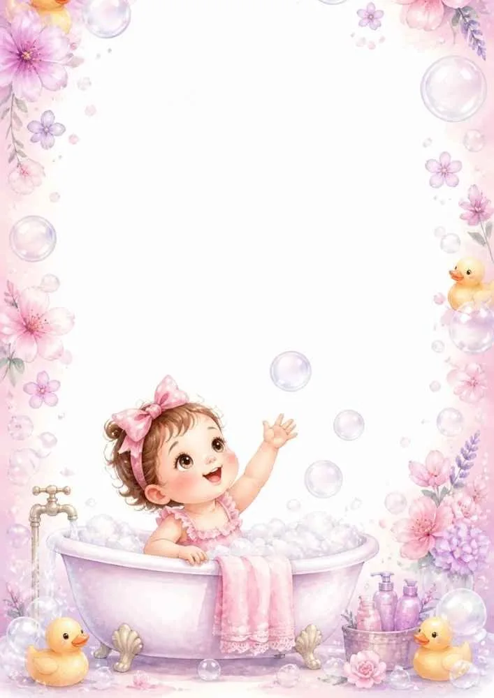 Baby in bubble bath with ducks, flowers, and floating bubbles.