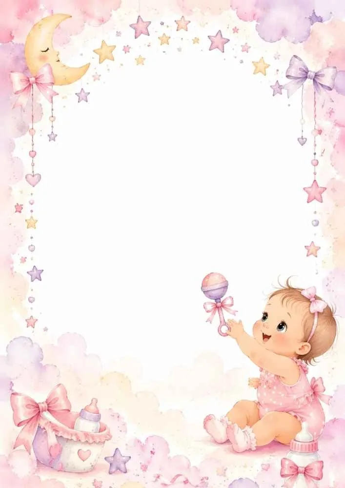 Baby girl with rattle, moon, stars, bows, and baby items around a border.