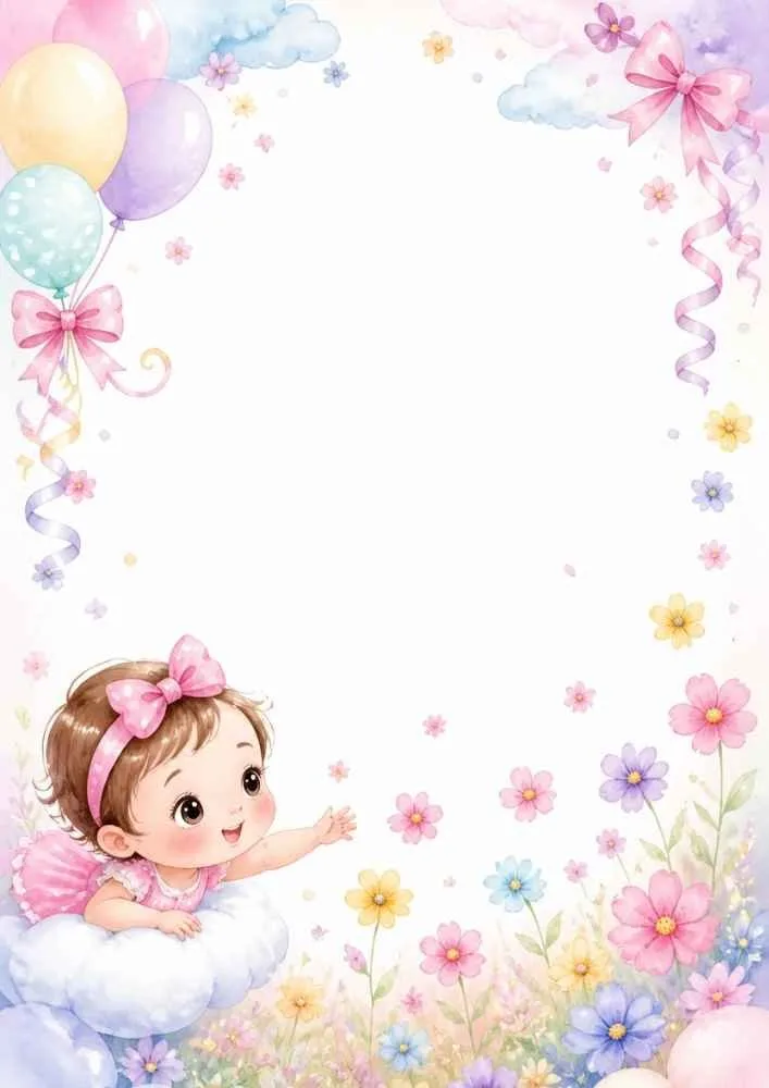 Baby on a cloud above flowers with balloons and ribbon decorations.