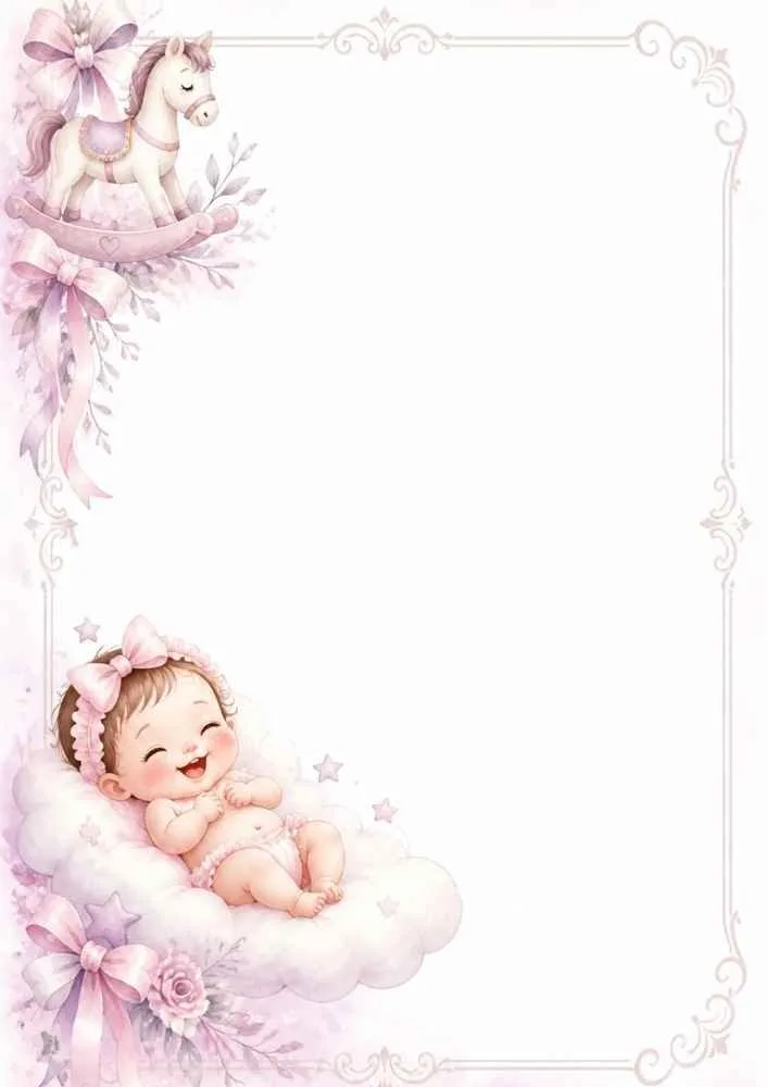 Sleeping baby on a cloud with rocking horse, bows, and decorative border.