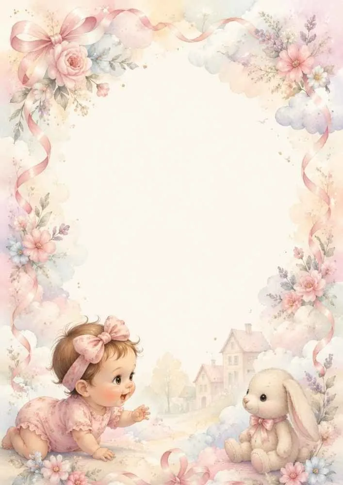 Crawling baby facing a bunny inside a floral pastel border.