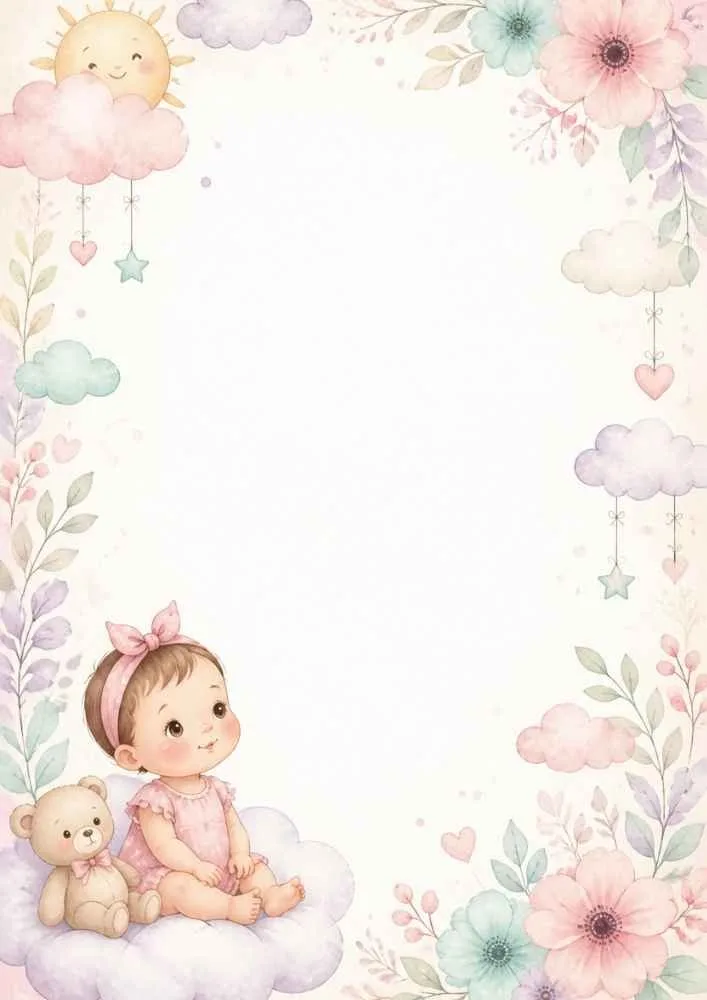 Baby girl and teddy bear on a cloud with flowers and hanging hearts.