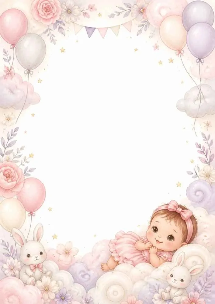 Baby girl with two bunnies, balloons, flowers, and cloud border.