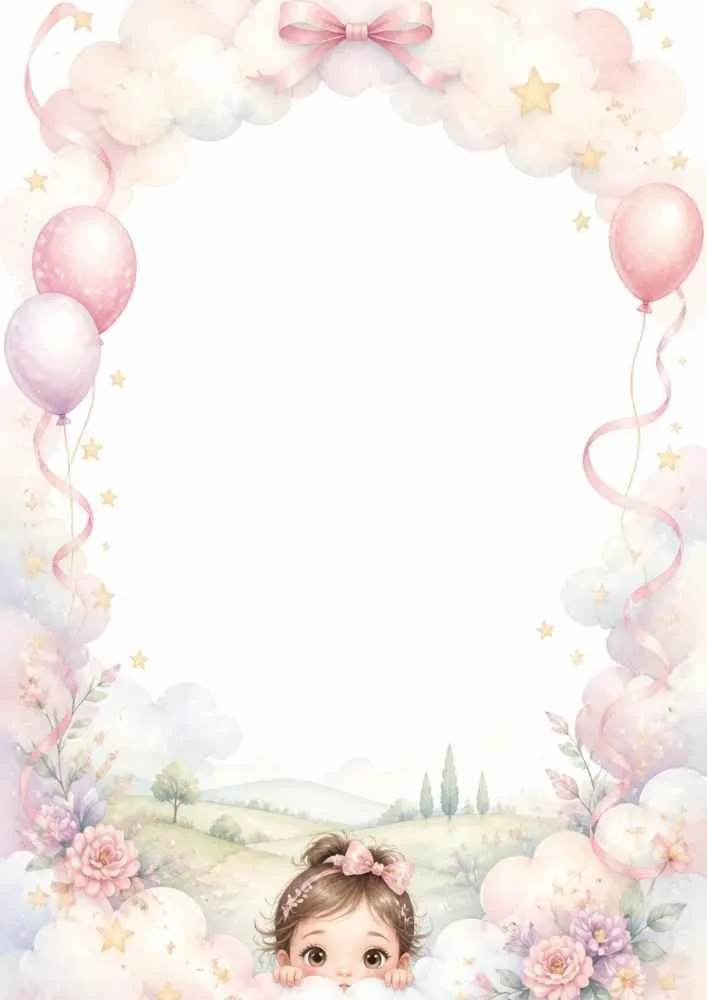 Baby peeking from clouds with balloons, flowers, and ribbon decorations.