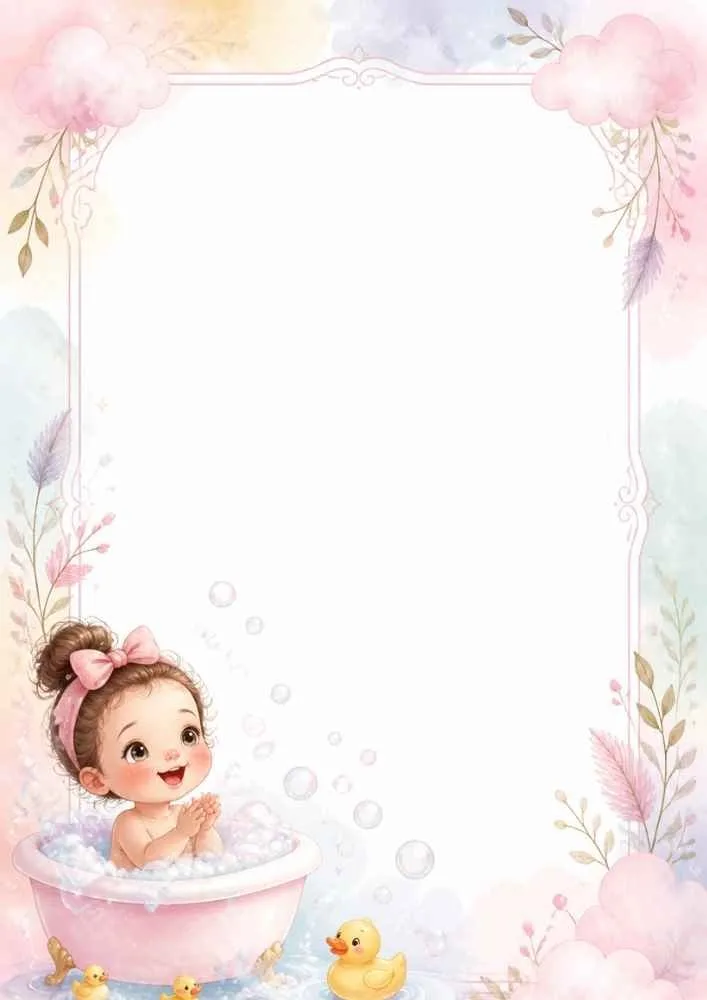 Baby in a bathtub with bubbles, ducks, flowers, and decorative border.