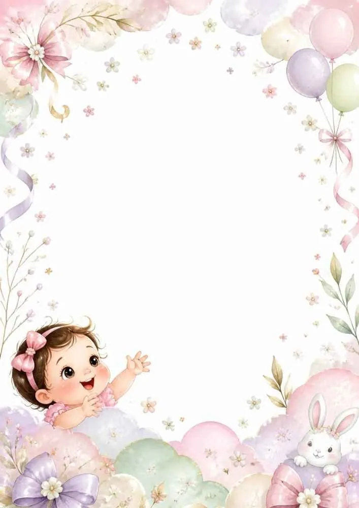 Baby girl reaching up among flowers, balloons, and pastel decorations.
