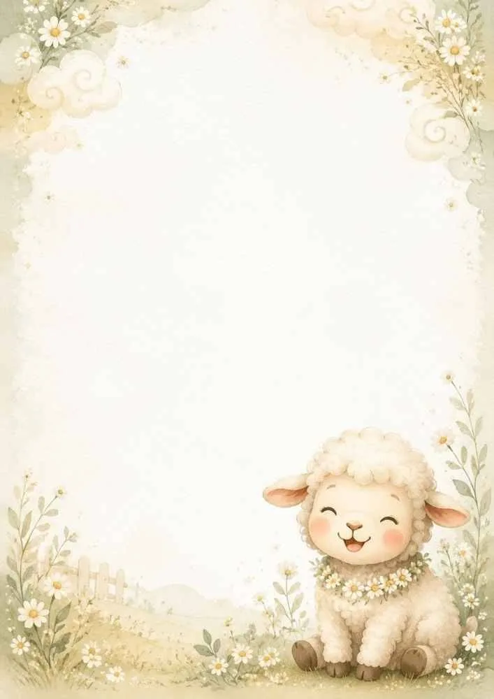 Smiling lamb sitting in a flower meadow with a soft floral border and blank center.