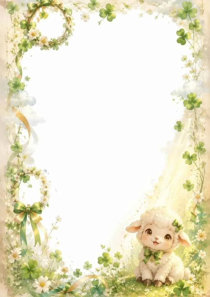 Lamb in a clover garden with floral wreaths and blank center area.