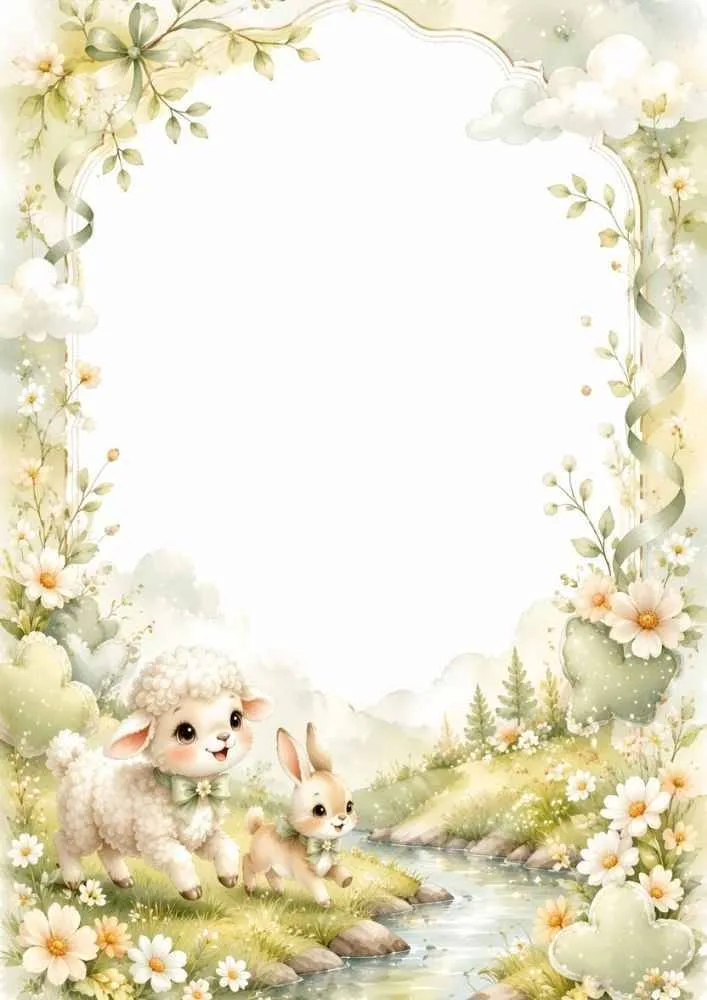 Lamb and bunny beside a stream with flowers and decorative border.