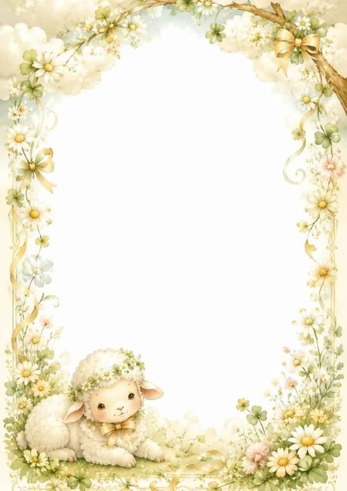 Lamb with flower crown under a floral arch and large blank center.