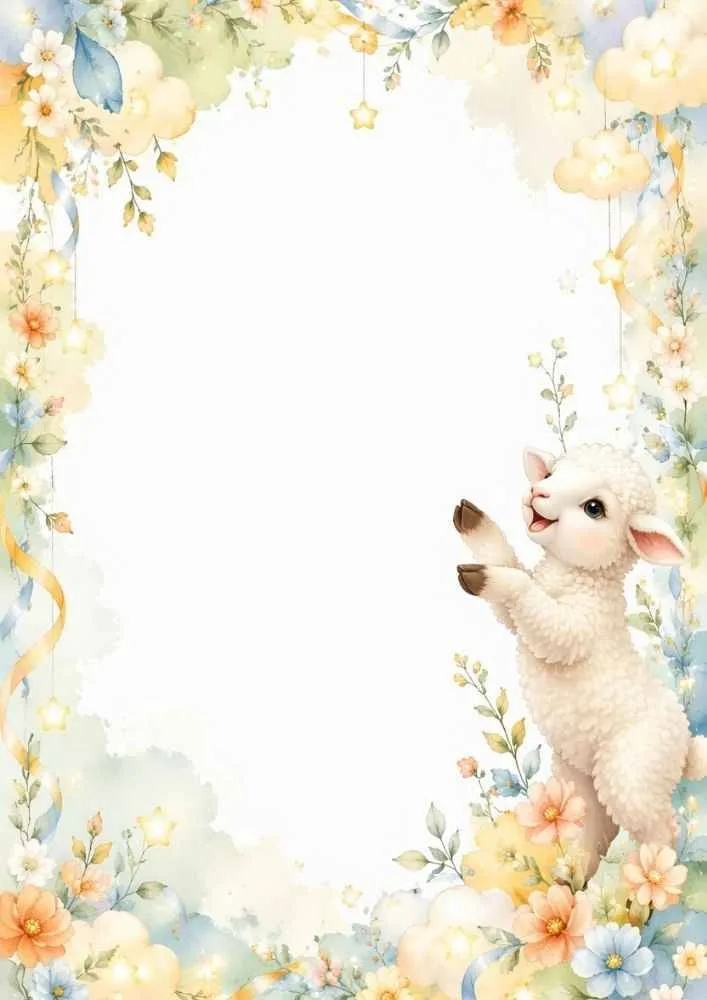 Standing baby lamb with flowers, ribbons, and decorative floral border.