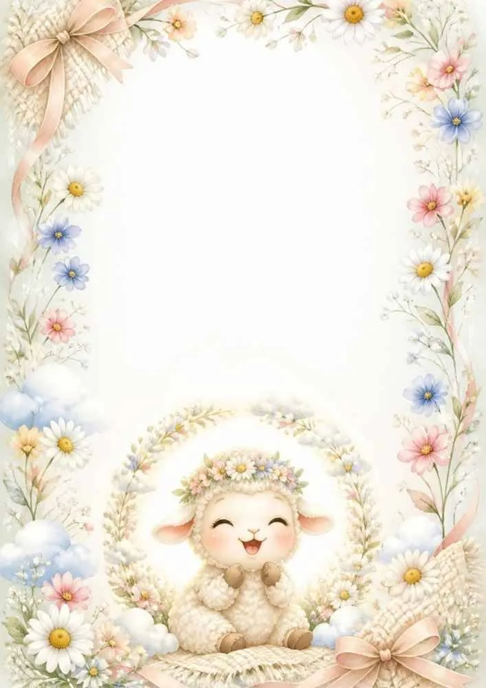 Smiling lamb with a flower crown surrounded by flowers, bows, and a large blank center.