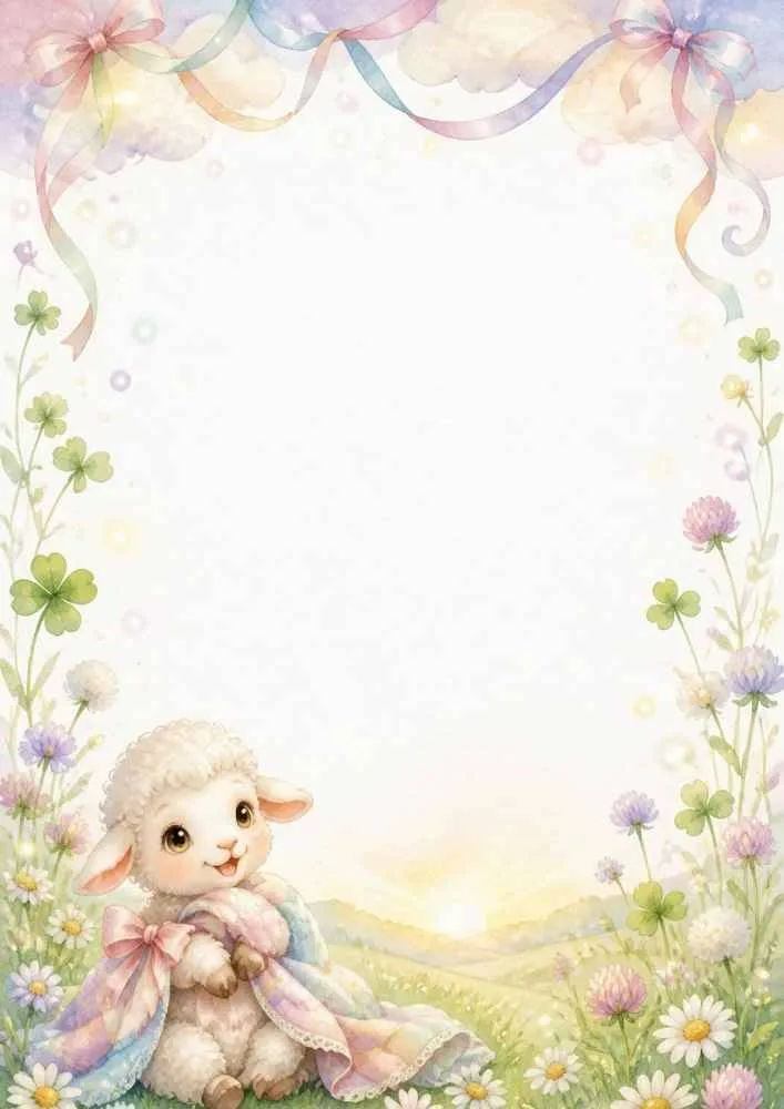 Lamb wrapped in a blanket with flowers, clovers, and blank center space.