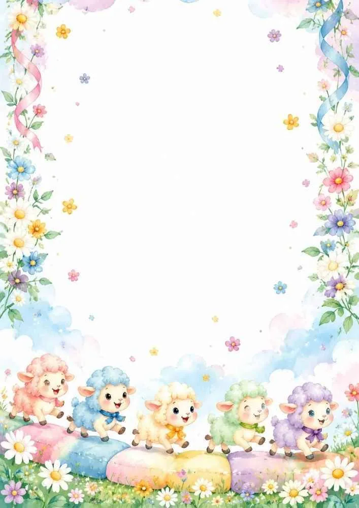 Five colorful lambs walking on pastel stones with floral border.