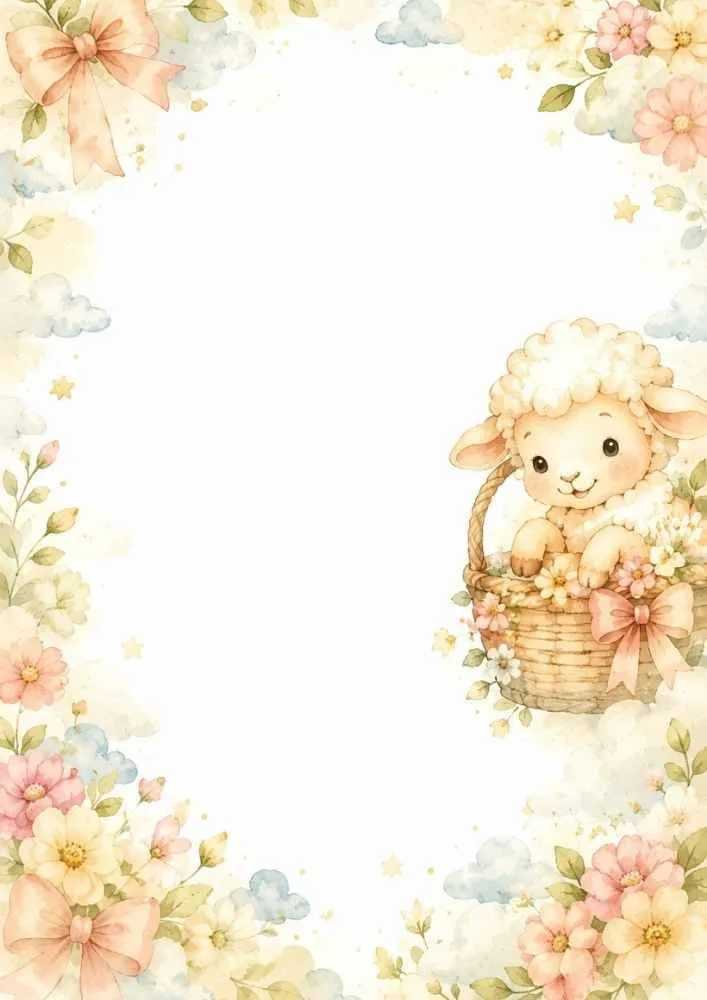 Baby lamb in a flower basket with floral decorations and blank center.
