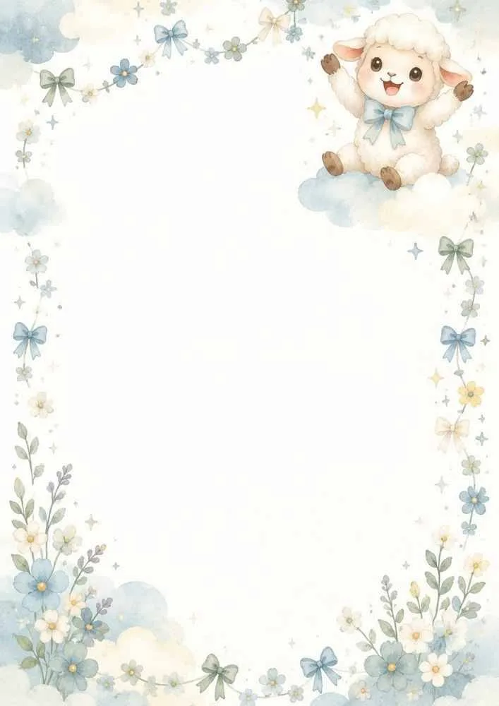 Happy lamb on a cloud with flowers, bows, and decorative border.