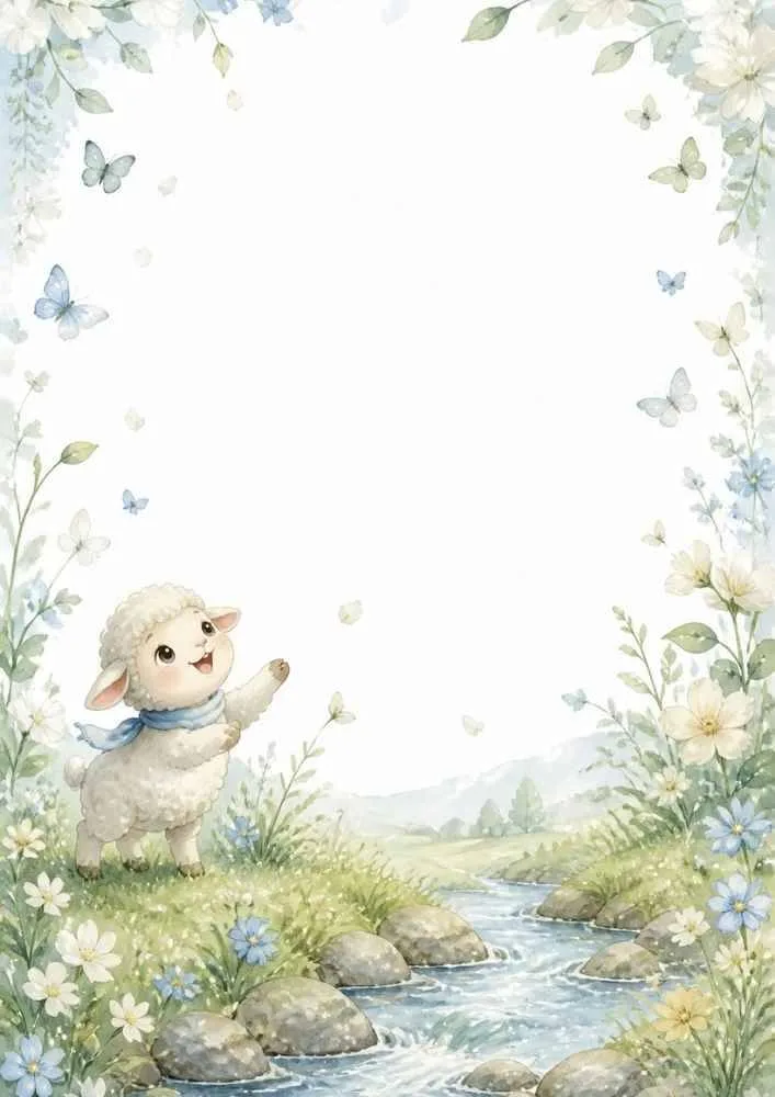 Lamb near a stream with butterflies, flowers, and a large blank center.