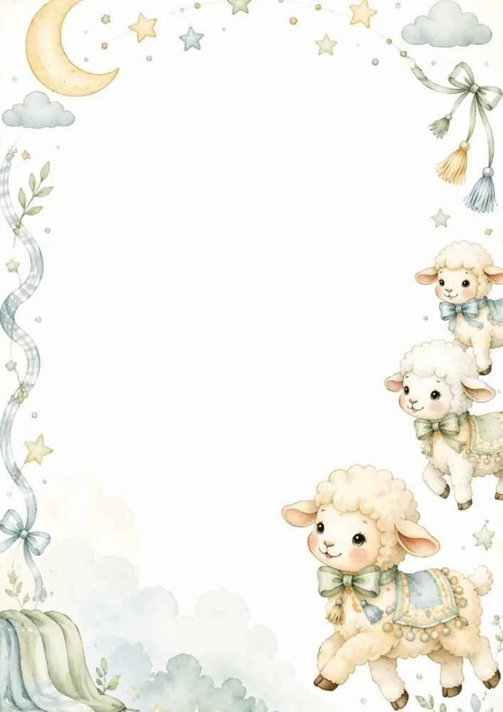 Three baby lambs with stars, moon, clouds, ribbons, and a large blank center.