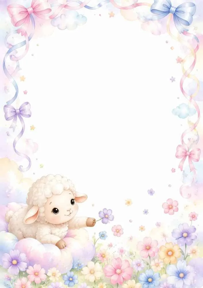 Lamb reaching for flowers with pastel ribbons and blank center area.