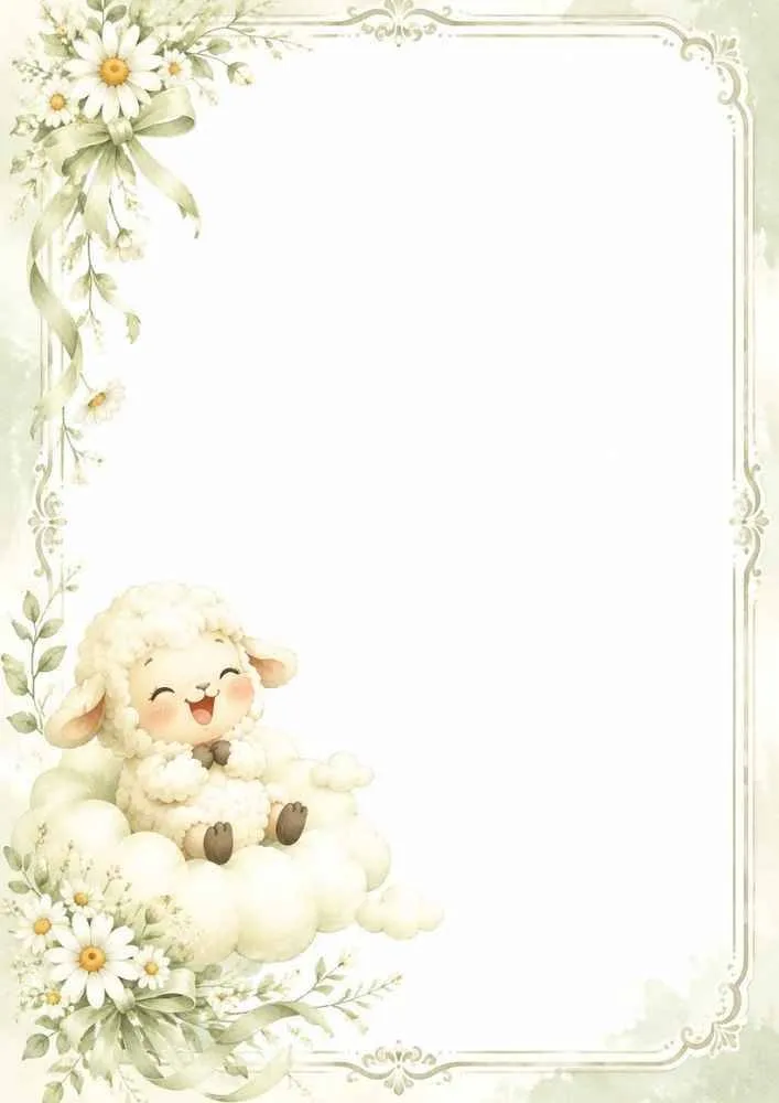Happy lamb on a cloud with flowers, ribbon accents, and decorative frame border.