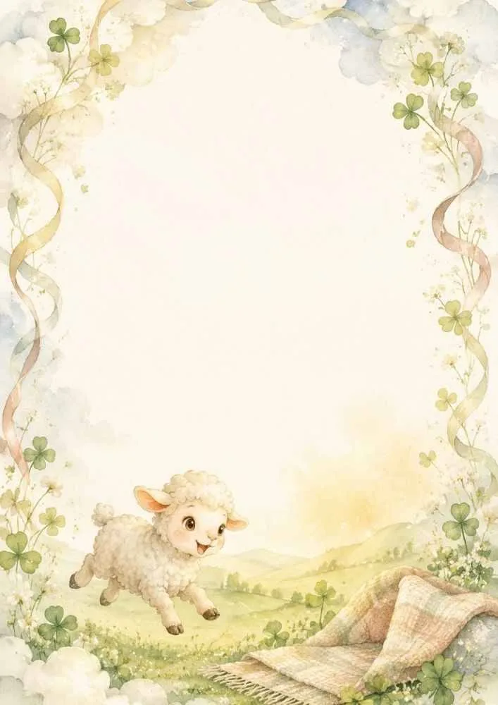 Running lamb in a clover field with ribbon border and blank center area.