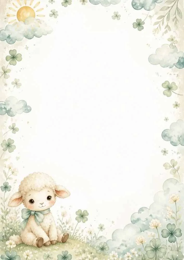 Baby lamb with bow sitting among clovers, flowers, and clouds around a blank center.