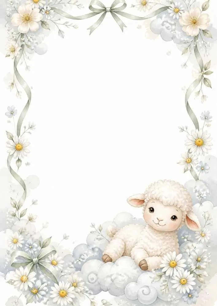 Lamb lying on clouds with floral border, ribbons, and large blank center.