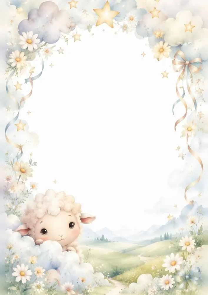 Peeking lamb among clouds with flowers, stars, and a blank center space.