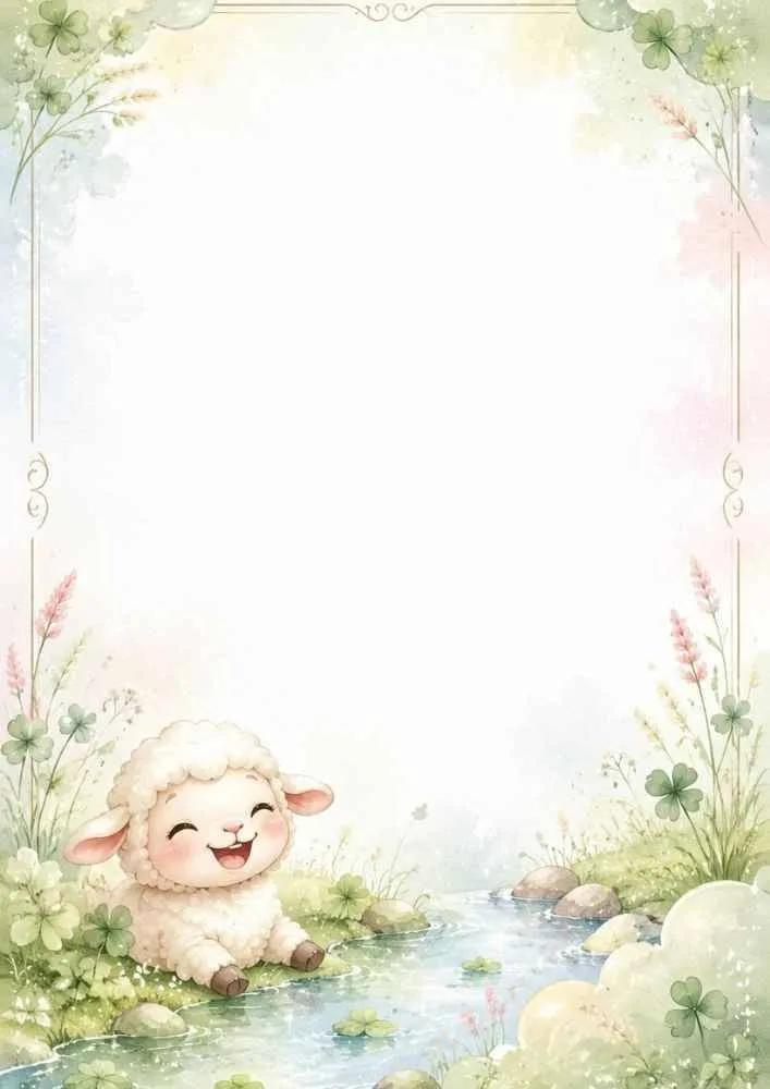 Smiling lamb beside a stream with flowers, clovers, and decorative border.